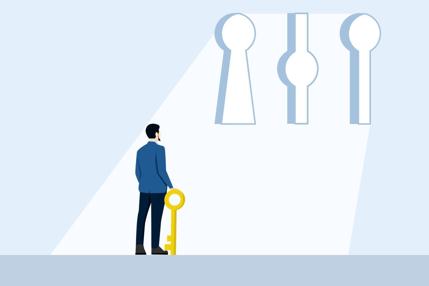 business decision concept. making decisions in business, making choices, Businessman holding a key in hand and deciding to choose the keyhole. flat vector illustration on white background.