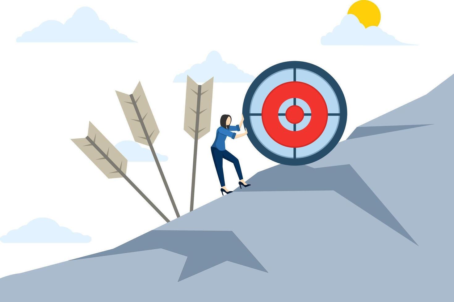 concept of difficulty in working hard to achieve a goal or setting a goal that is too high or unrealistic, missing the mark, businessman trying hard to push a dartboard or dart target up a hill. vector