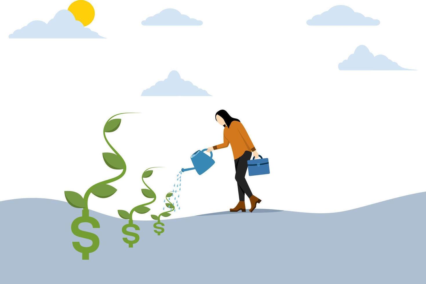 Dividend investment, prosperity and economic growth or savings and business profit concept, happy businesswoman investor holding watering can to water the sprout seeds she planted from dollar sign. vector