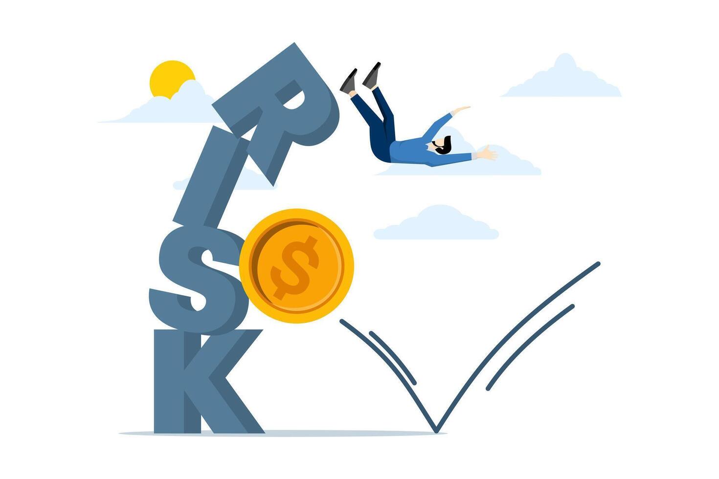 Concept of Risk in investment, volatility and fluctuation of stock market whose price will decrease, businessman falling from a pile of blocks with the impact of the word RISK by coin money, stability vector