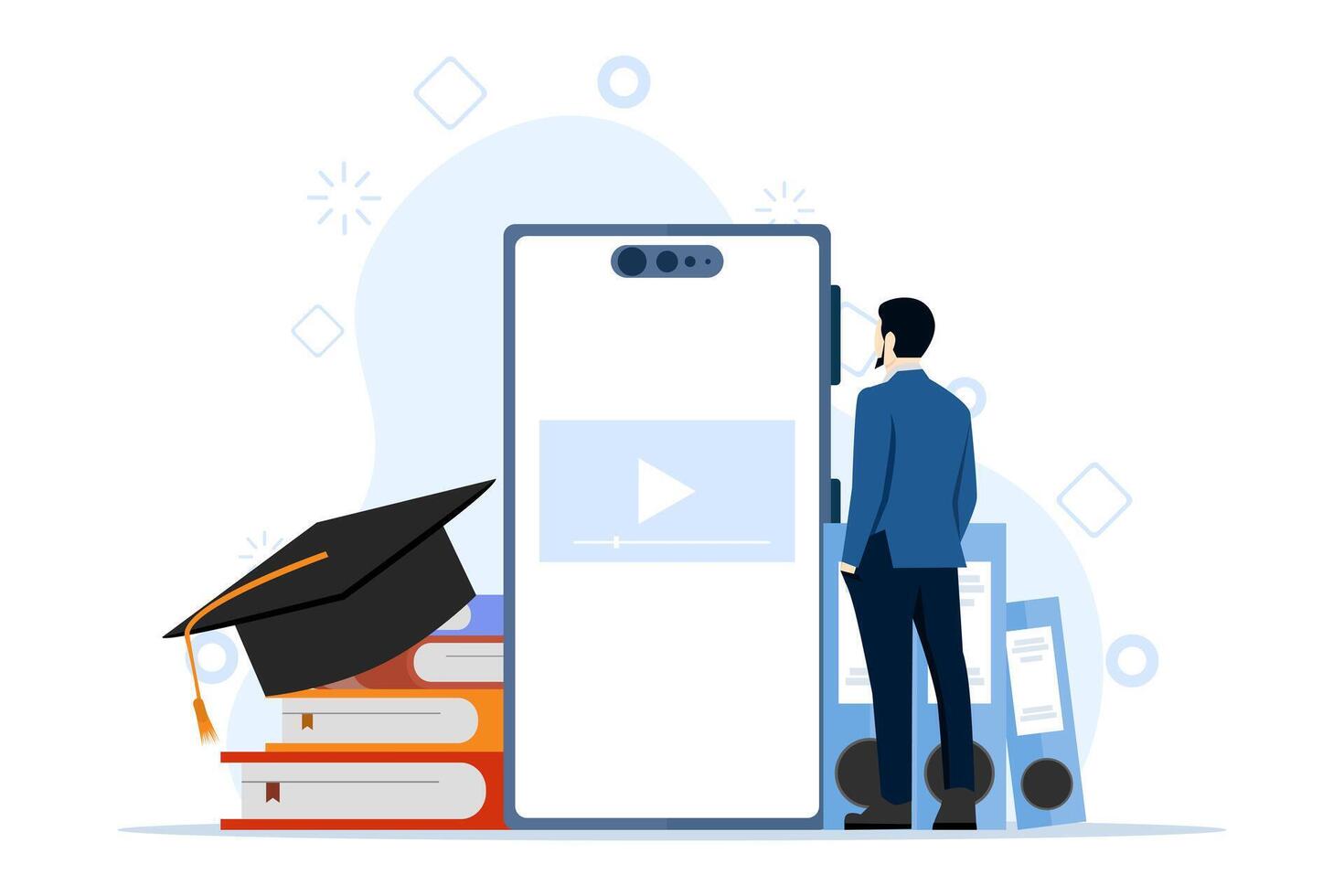 Concept of Students studying online at home. Character looking for educational videos on smartphone. online lessons. online education and e-learning. Isolated flat isometric vector illustration.