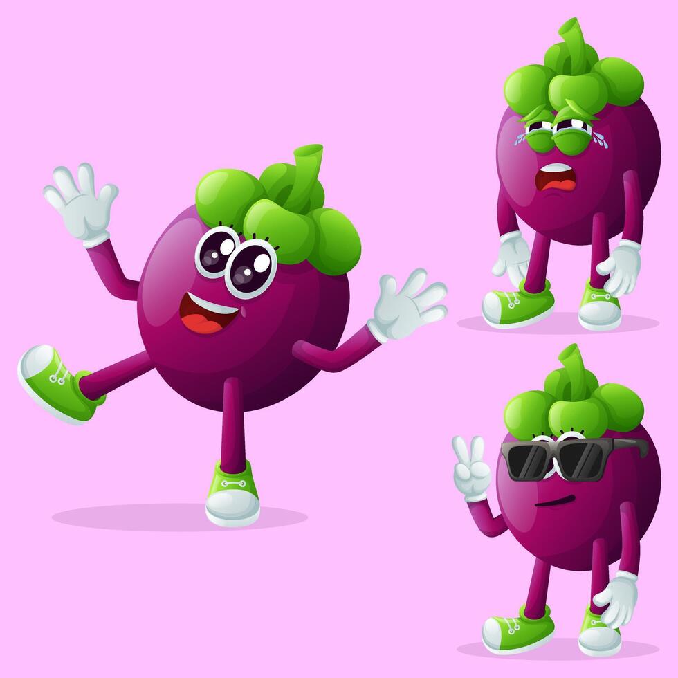 Cute mangosteen characters with emoticon faces vector