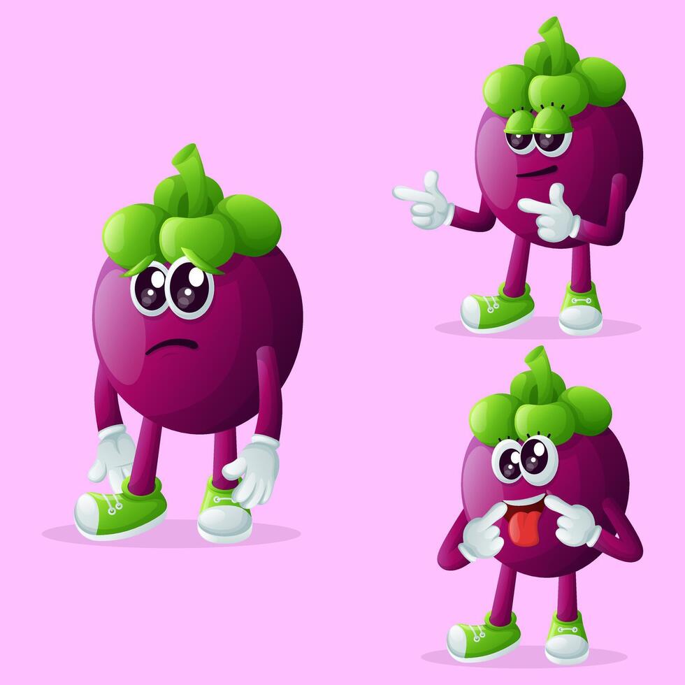Cute mangosteen characters with different facial expressions vector