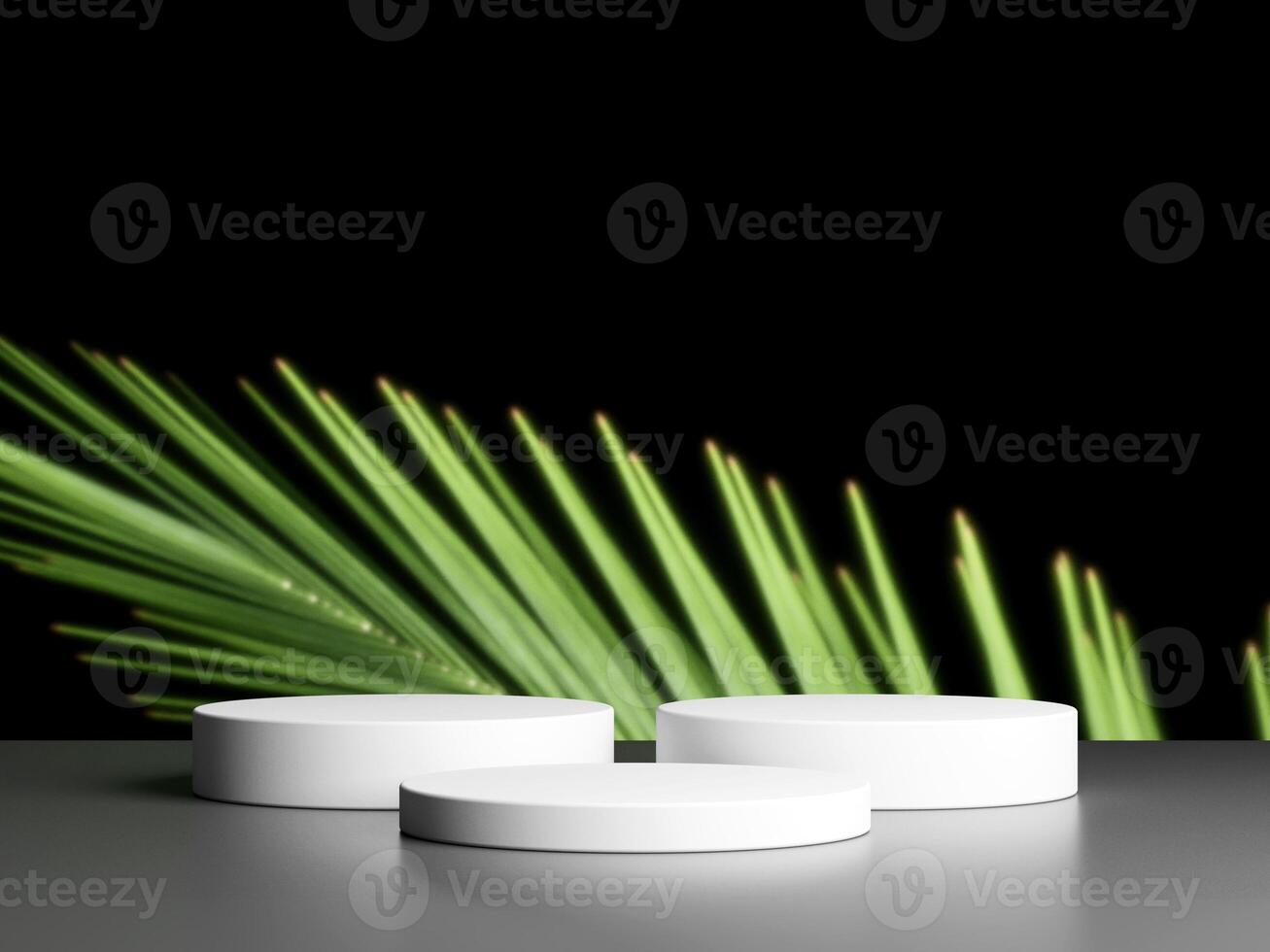 Product display podium with blurred nature leaves background. 3D rendering photo