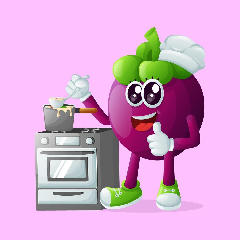 Cute mangosteen character cooking on a stove vector