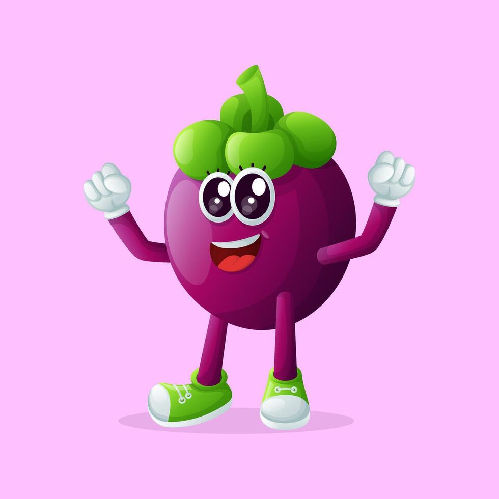 Cute mangosteen character making a victory sign with his hand vector