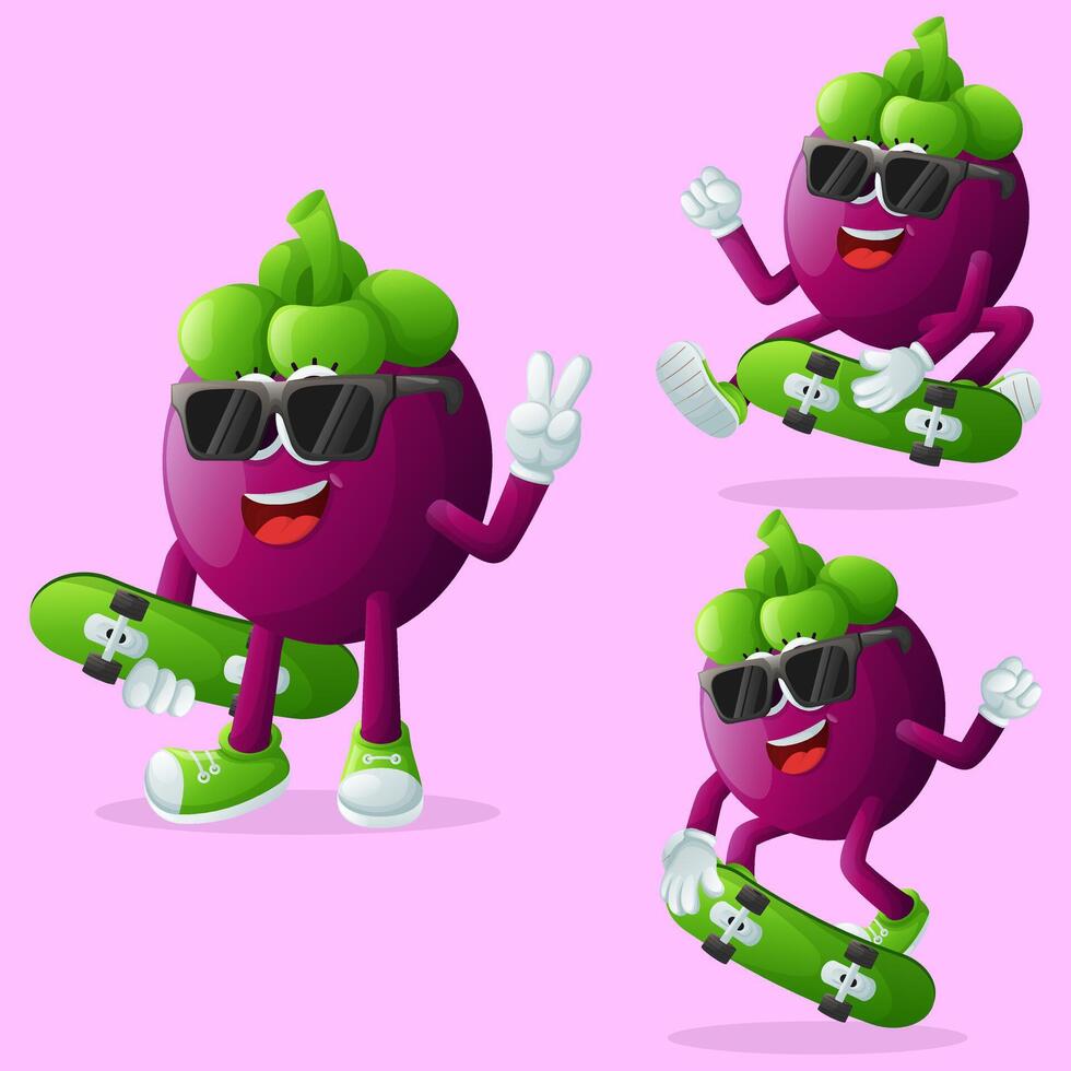 Cute mangosteen characters skateboarding vector