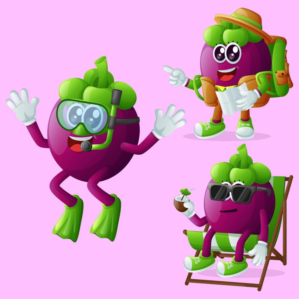 Cute mangosteen characters on vacation vector