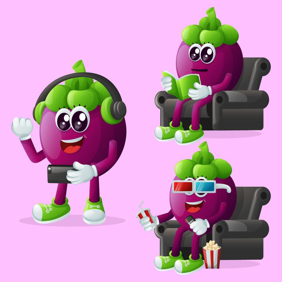 Cute mangosteen characters enjoying leisure activities vector