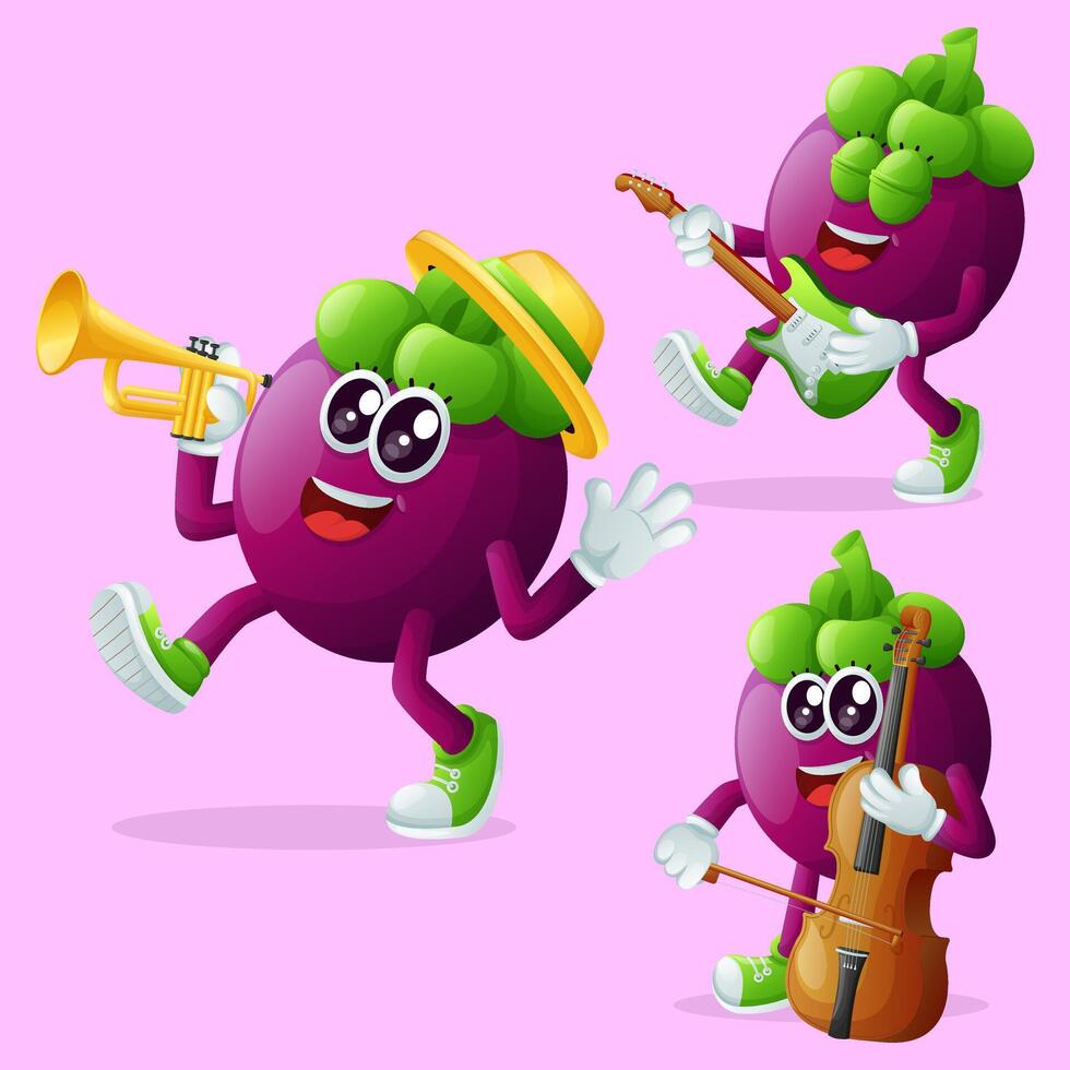 Cute mangosteen characters playing musical instruments vector