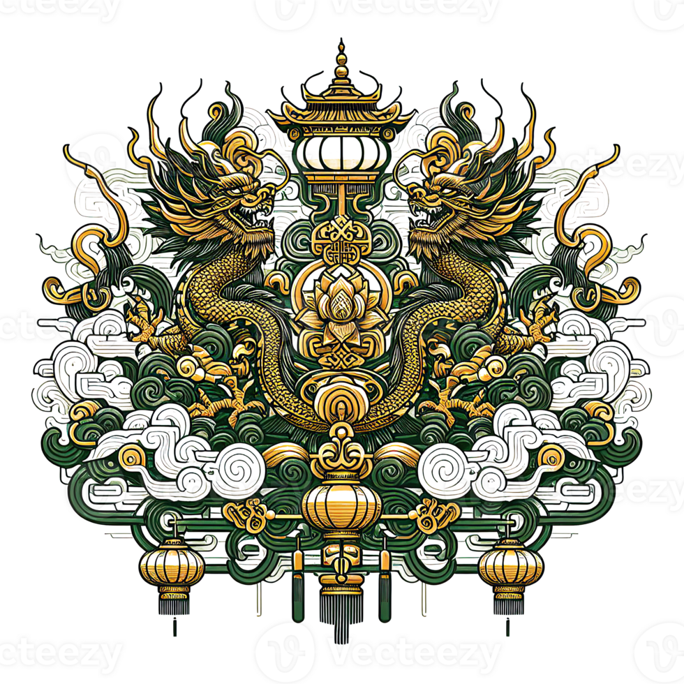AI generated Chinese New Year background Decorations with Dragon and Traditional Paper Festival Lanterns Background. png