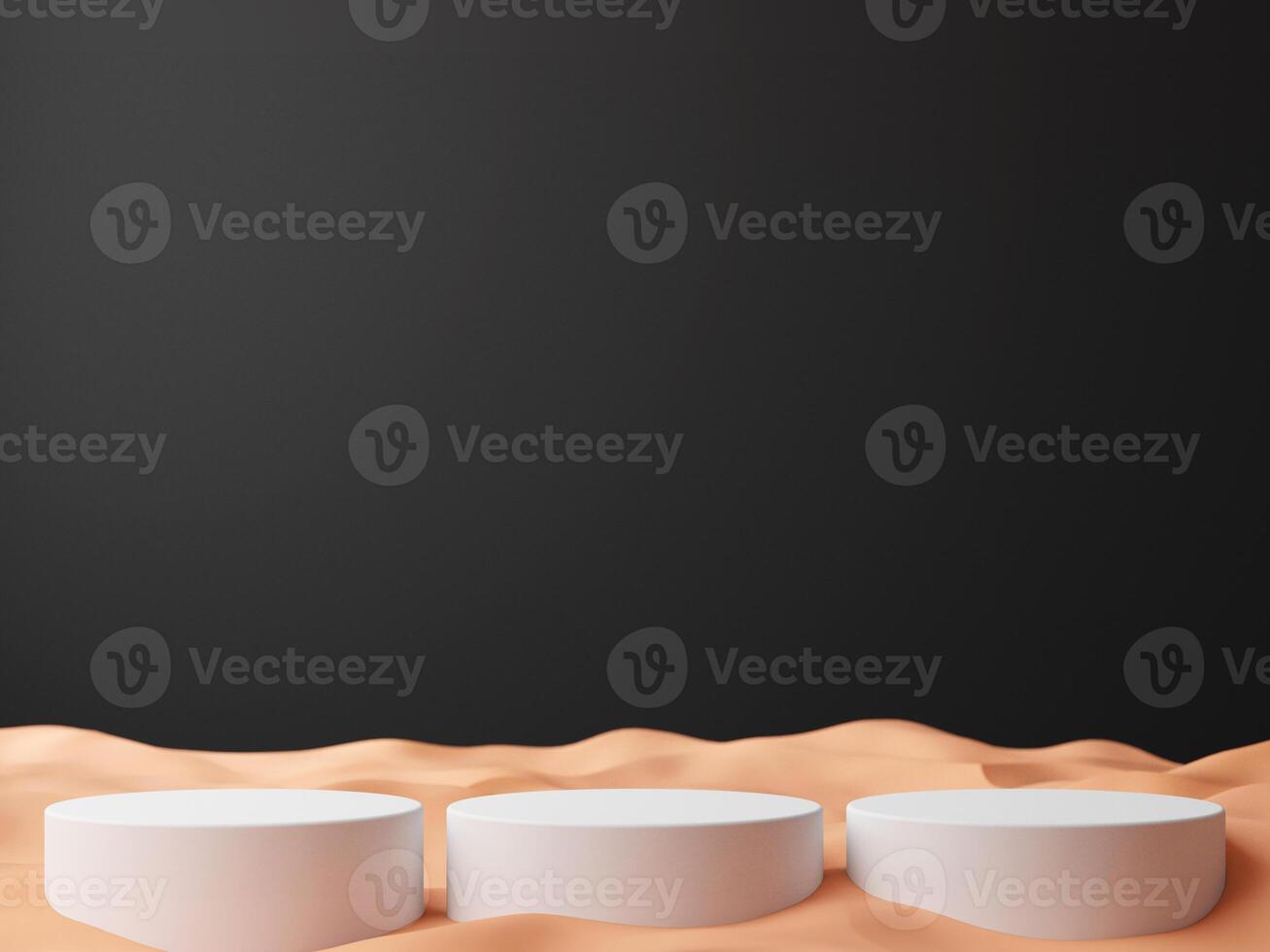 Simple blank black gradient background with product display platform on sand floor. Empty studio with circle podium pedestal on a black backdrop with sand. photo