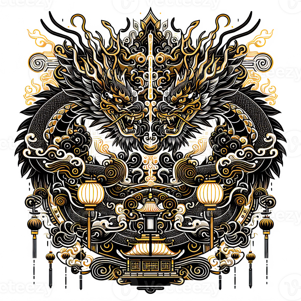 AI generated Chinese New Year background Decorations with Dragon and Traditional Paper Festival Lanterns Background. png