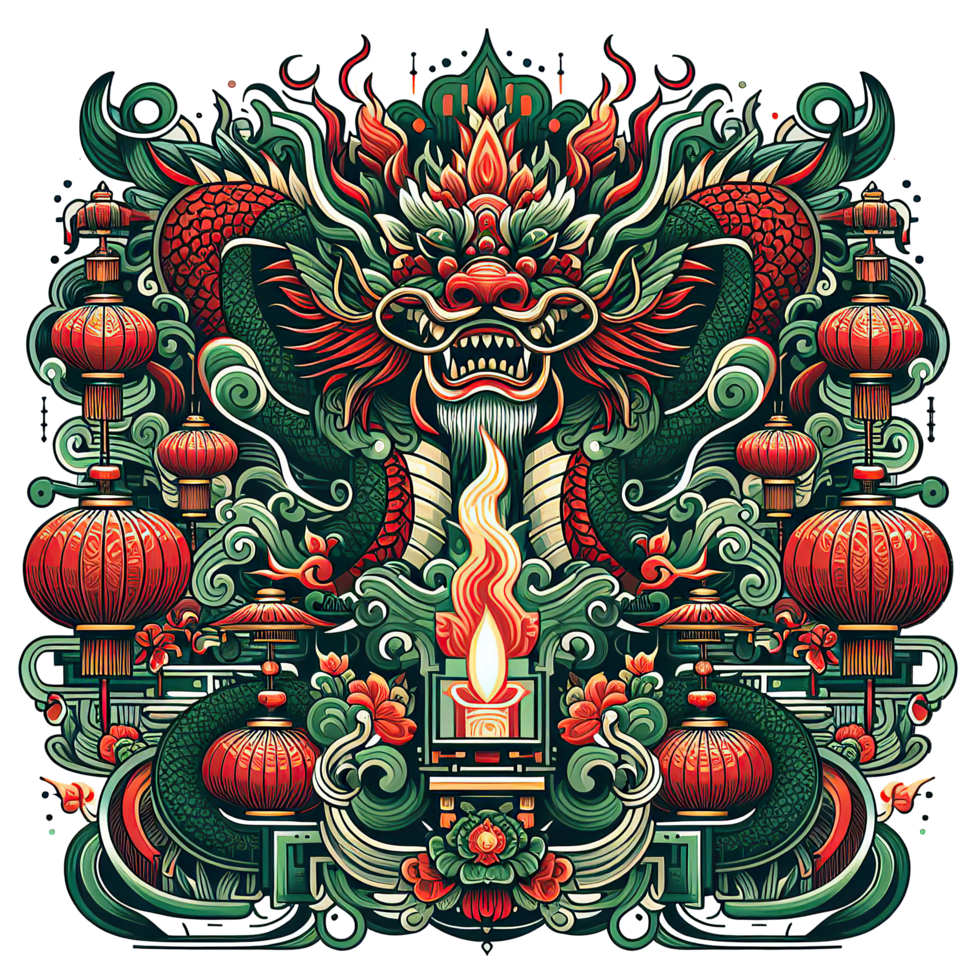 AI generated Chinese New Year background Decorations with Dragon and Traditional Paper Festival Lanterns Background. png