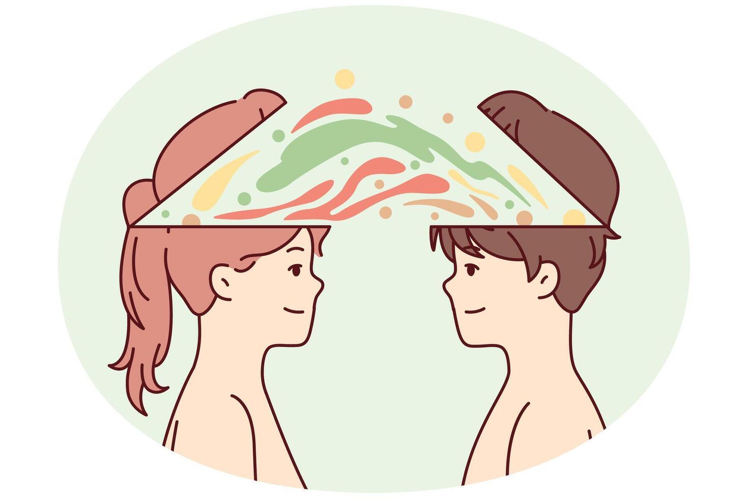 Boy and girl with colorful splashes of paint near heads symbolize joint brainstorming. Vector image