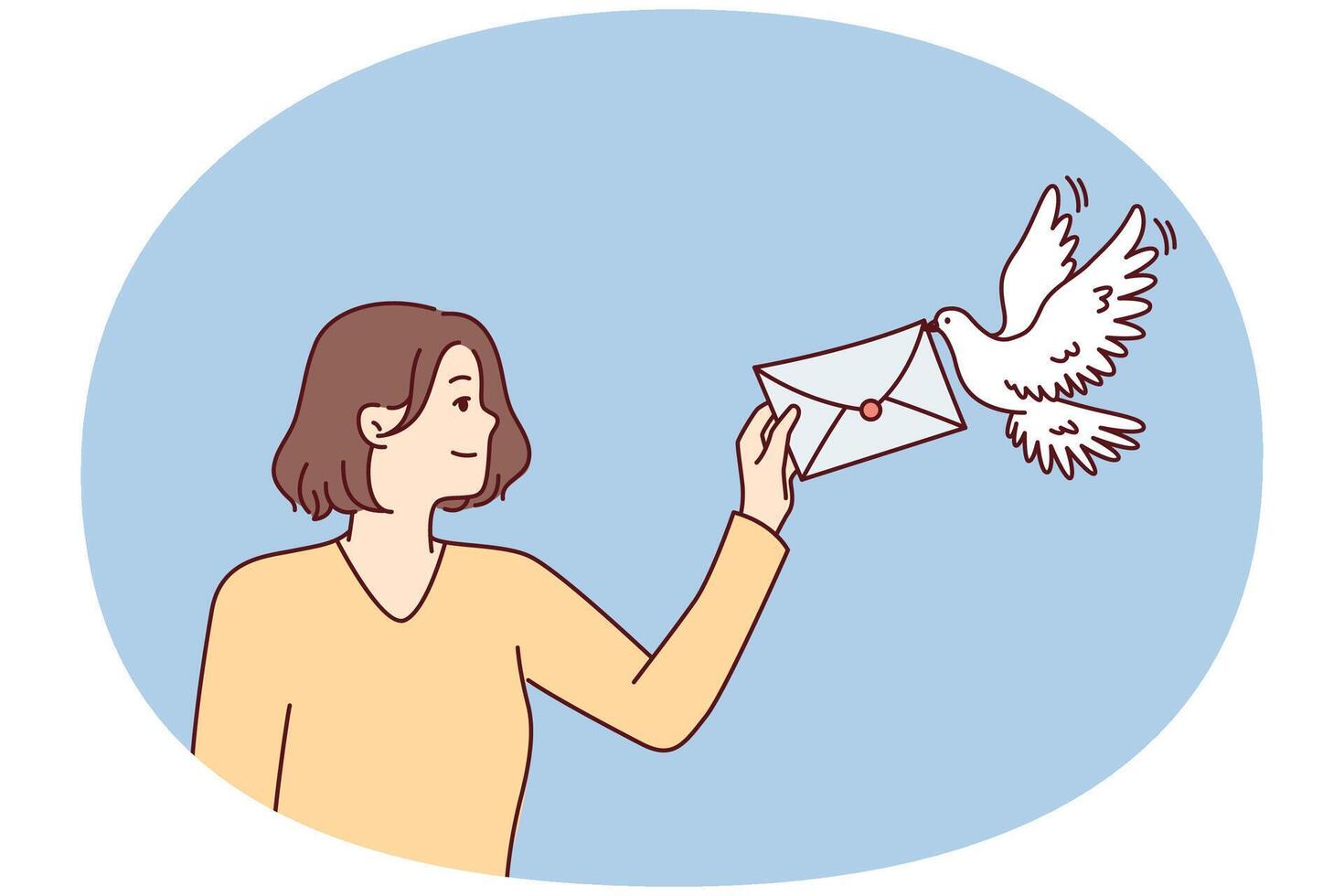 Smiling woman holds out envelope to pigeon to deliver message to boyfriend or friends. Vector image