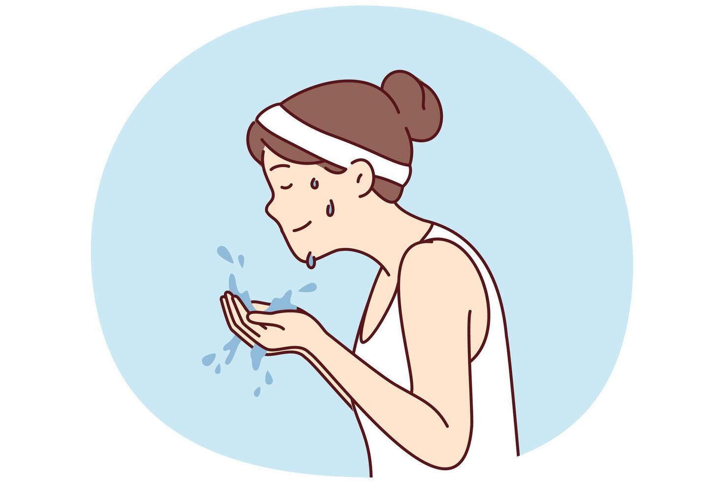 Sweaty woman with headband holds water in palms wanting to wash after fitness. Vector image