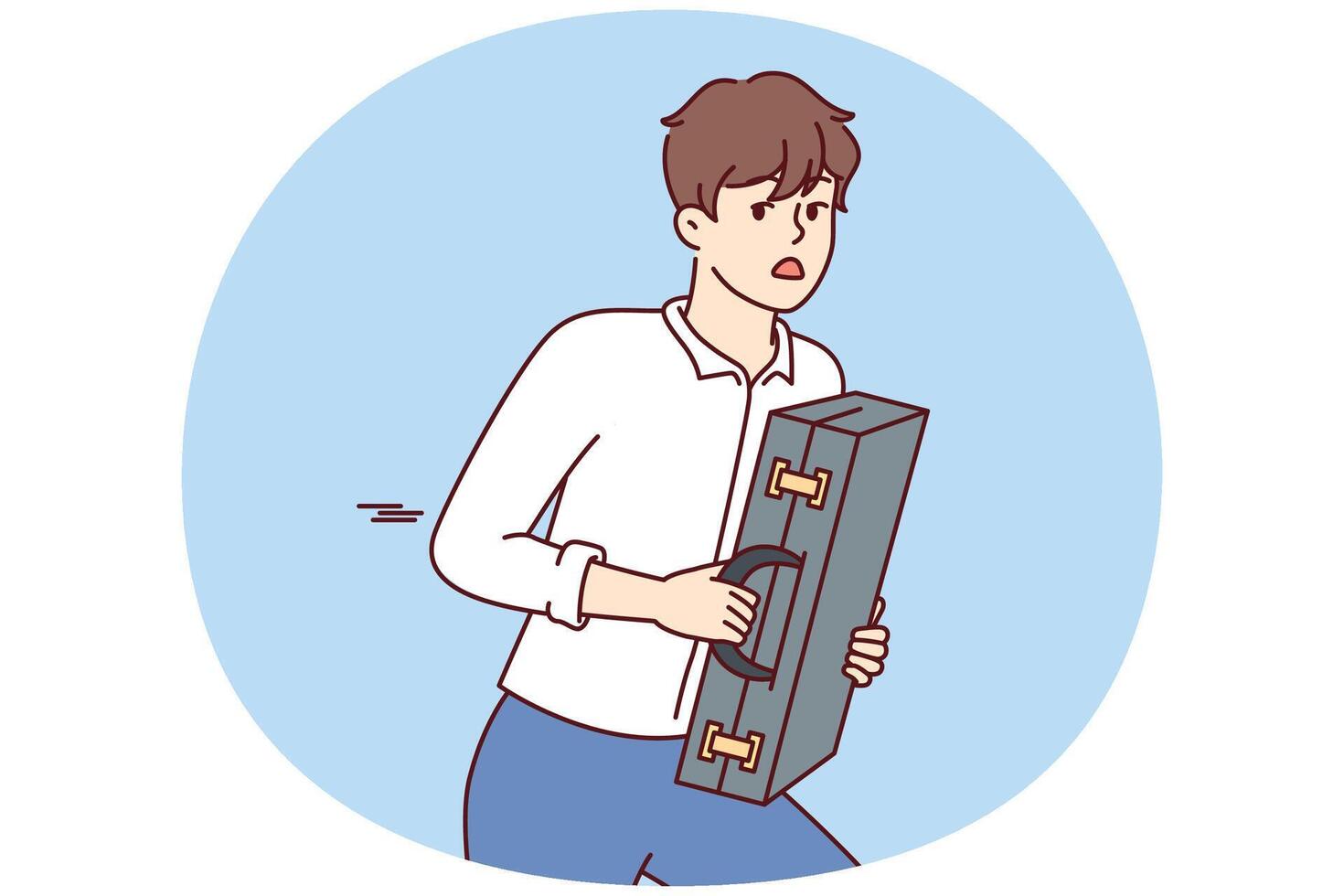 Frightened man with suitcase in hands runs away looking back to escape from robbers. Vector image