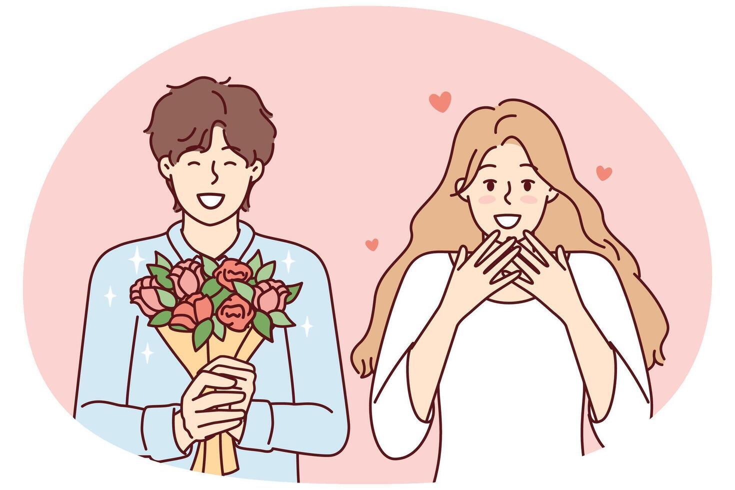 Romantic man holding flowers and happy woman delighted with gift from boyfriend. Vector image