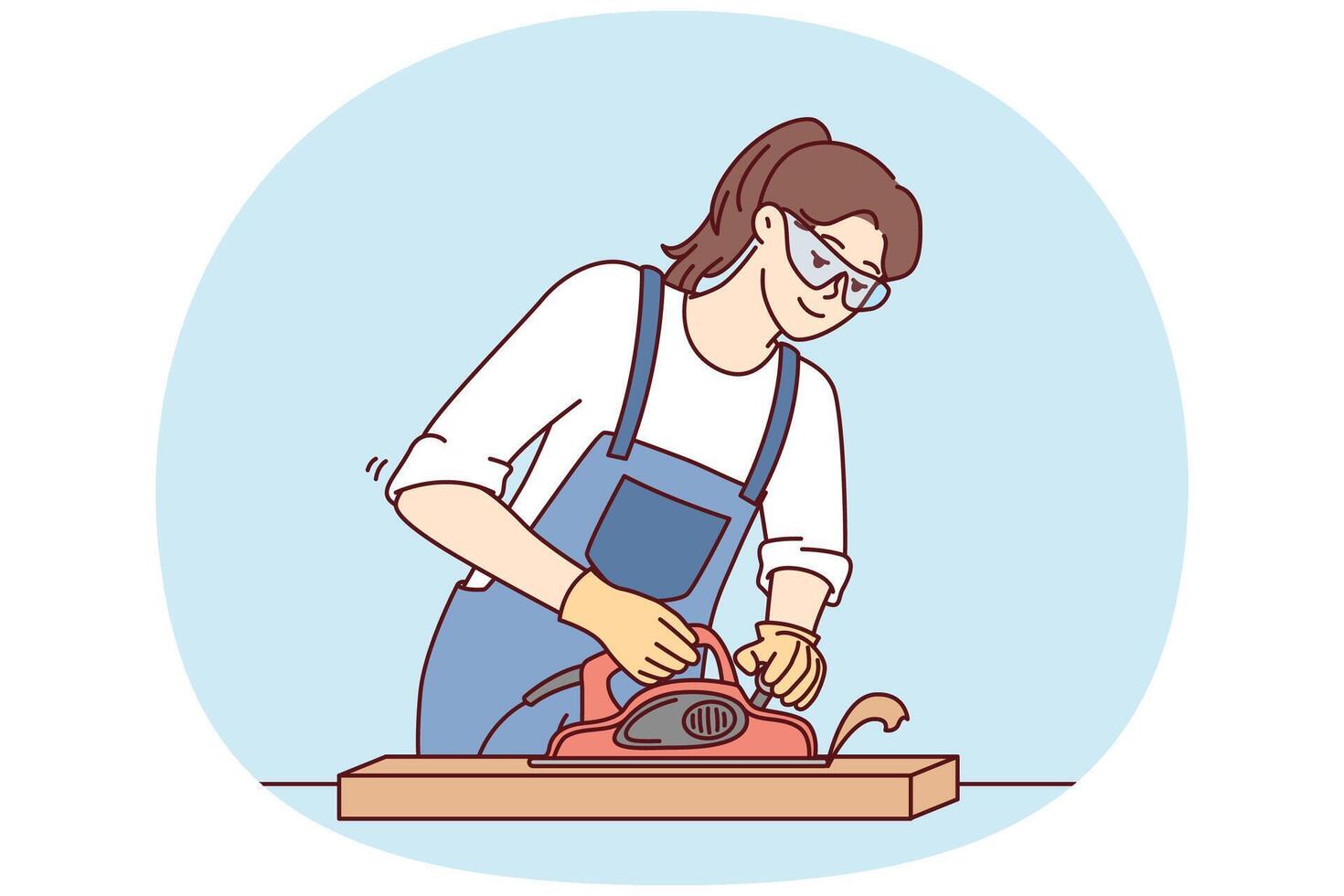 Woman furniture maker uses jointer to process wooden planks needed to create furniture. Vector image