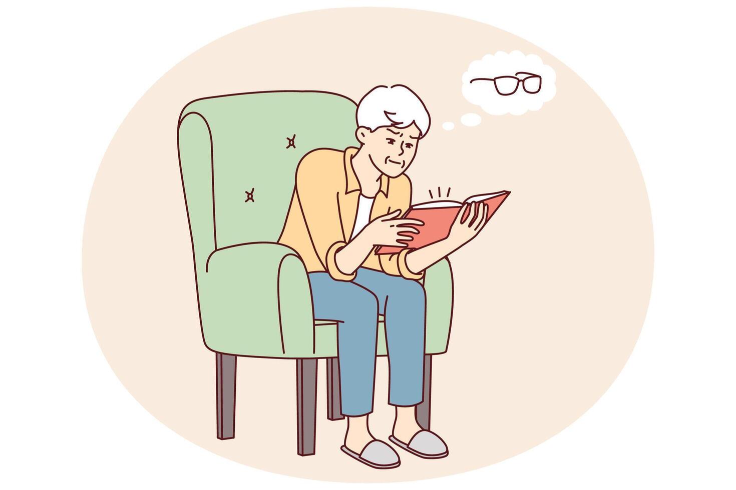 Elderly man sits in chair reading book thinks about need to buy glasses to vision. Vector image