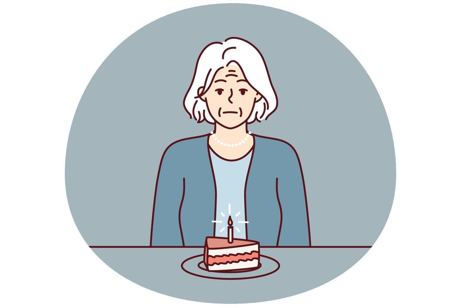 Elderly woman sits at table with piece of cake and suffers from absence of relatives. Vector image