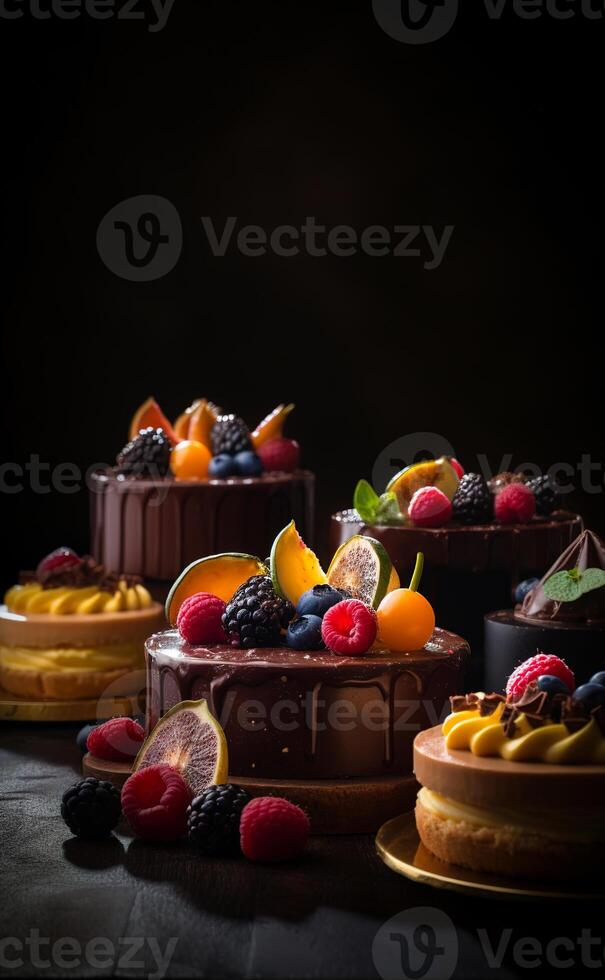AI generated An amazing photo of cakes still life cinematiclight. A table topped with cakes covered in fruit