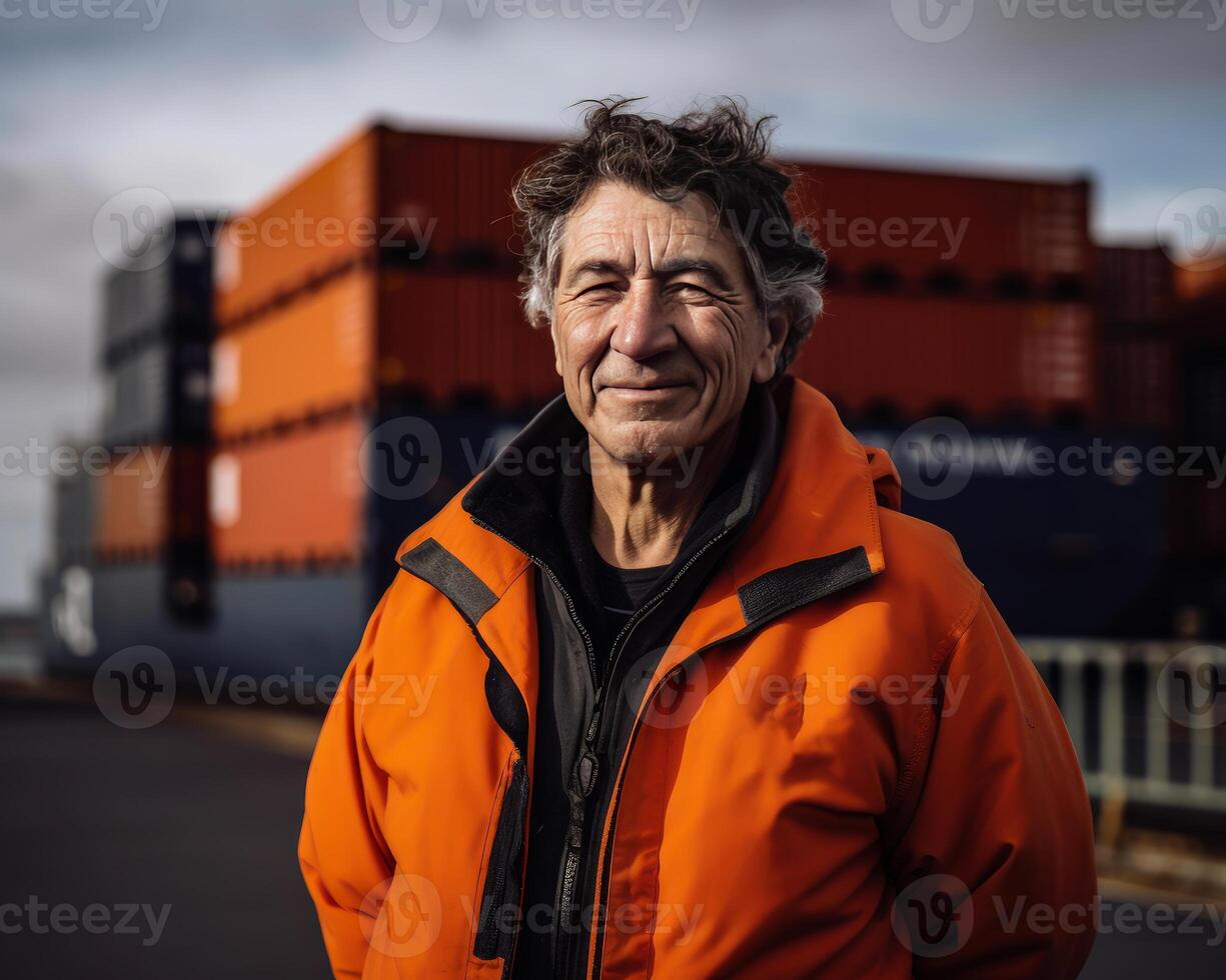 AI generated Man in an orange jacket stands in front. A man in an orange jacket standing in front of a cargo ship photo