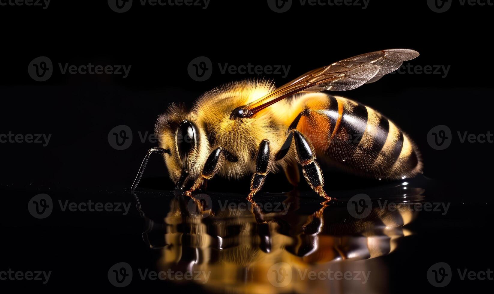 AI generated Bee on water honeybee. A close up of a bee on a black surface photo