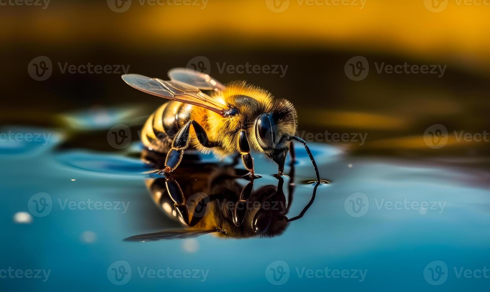 ai generado abeja en agua abeja un cerca arriba de un abeja en un azul superficie foto