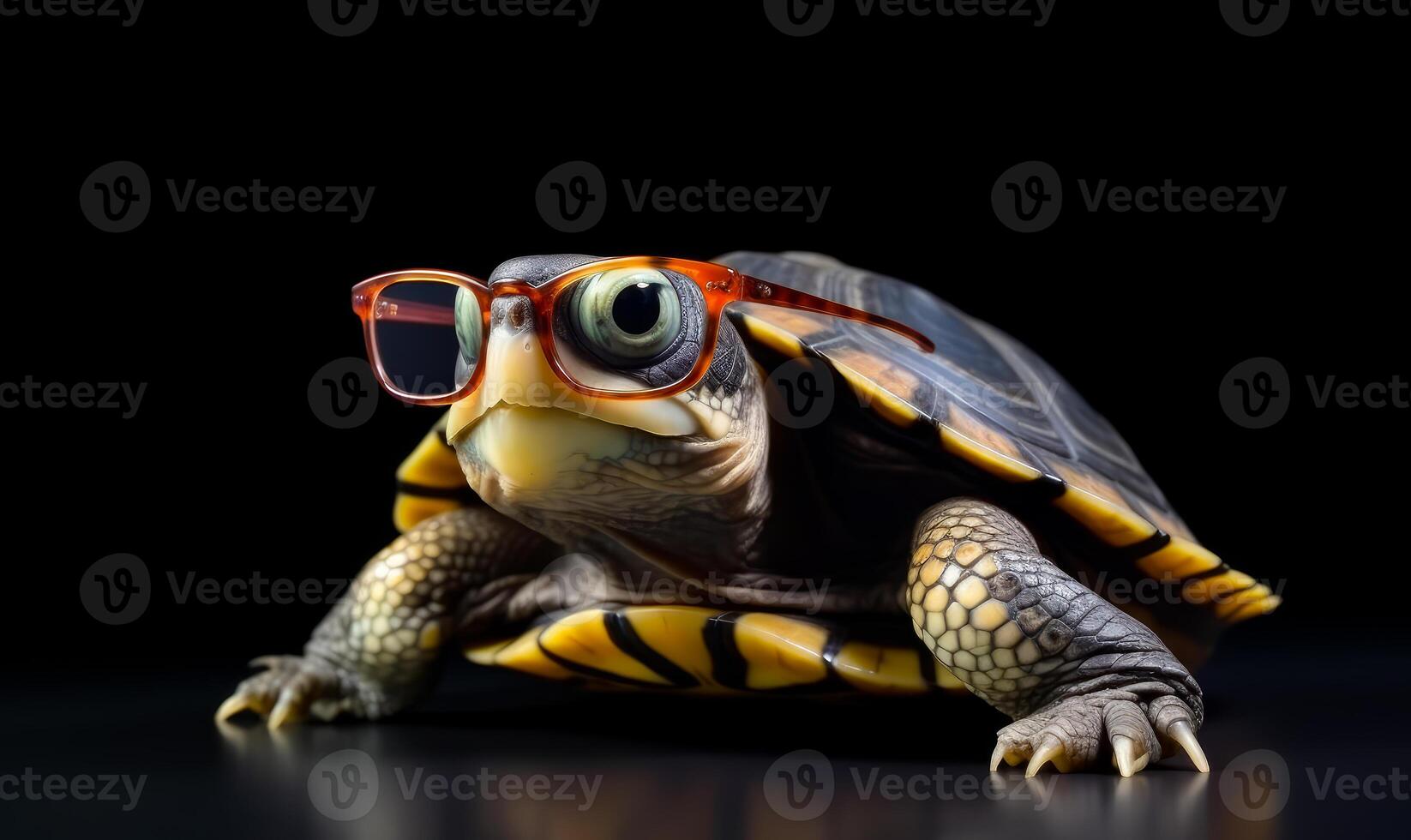 AI generated Cute little green turtle with glasses. A small turtle with glasses on it's head photo