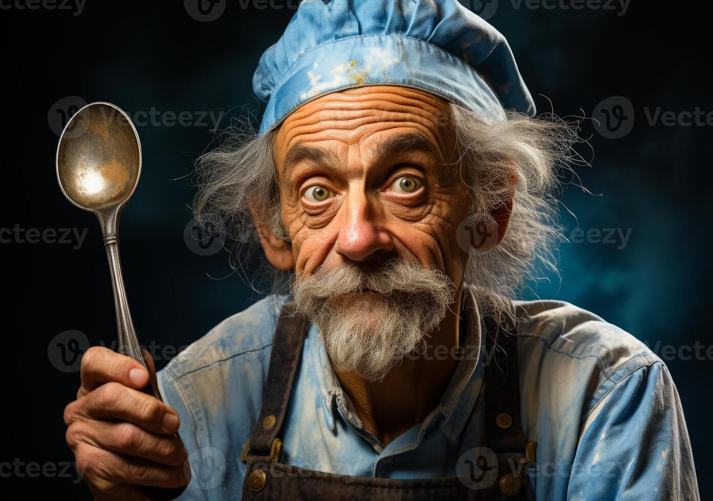 AI generated Old chef holding a spoon. An old man holding a spoon with a surprised look on his face photo