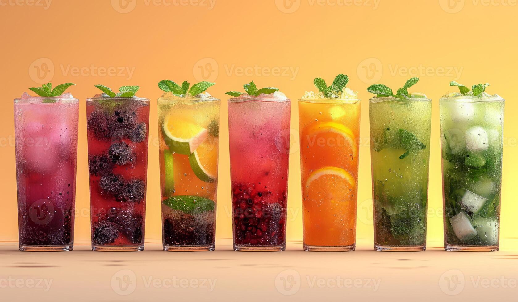 AI generated Variety of Drinks Displayed in a Neat Row of Glasses. A diverse assortment of beverages elegantly presented in a single row of glasses. photo