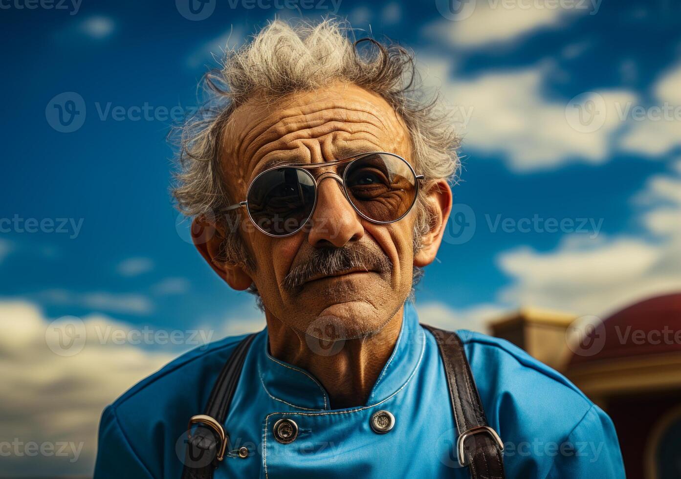 AI generated Old chef holding a spoon. An older man wearing sunglasses and a blue jacket photo