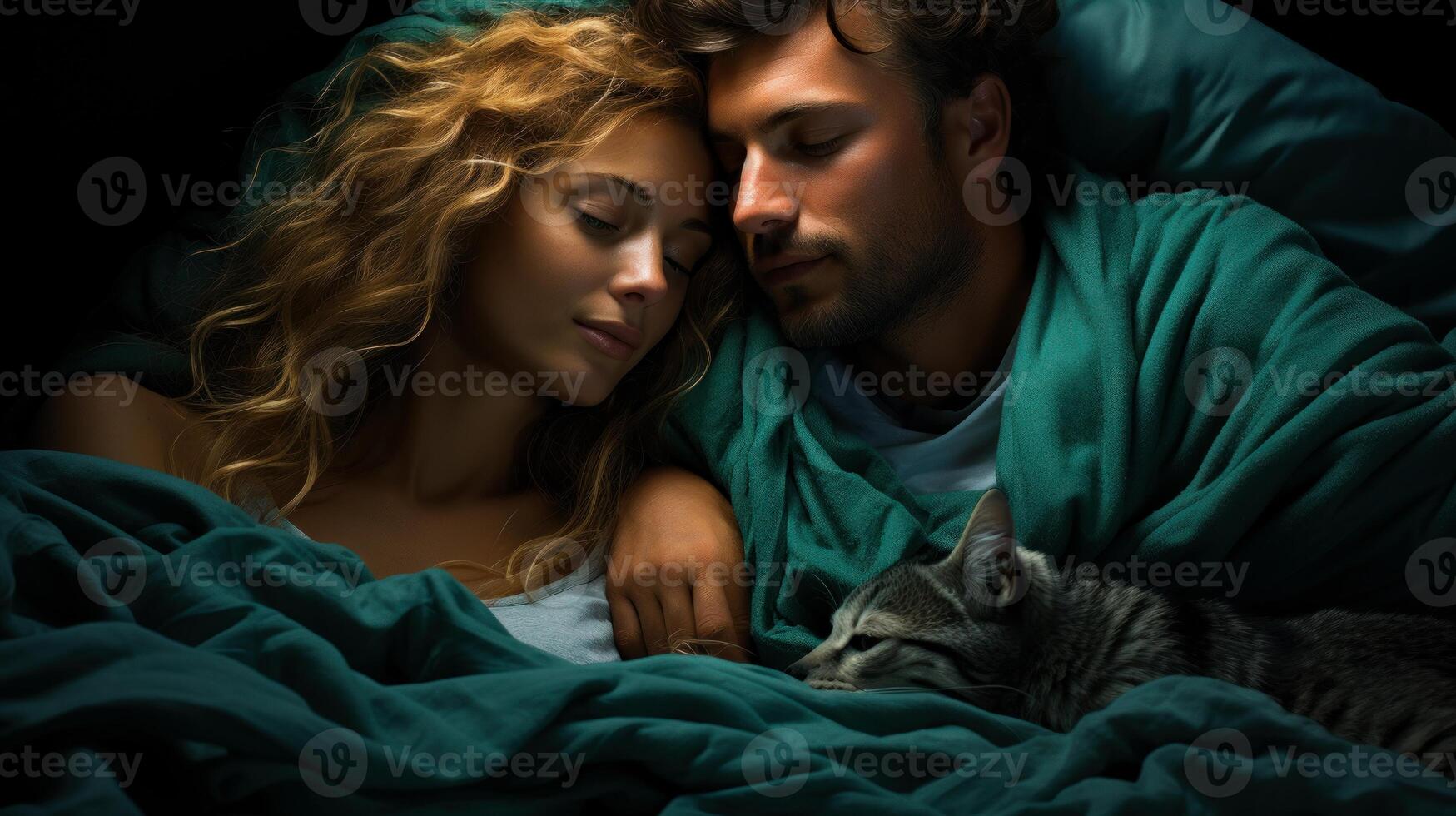 AI generated Couple sleeping under the blankets in bed. Construction worker man in vest. A man wearing a hard hat in a dark room photo