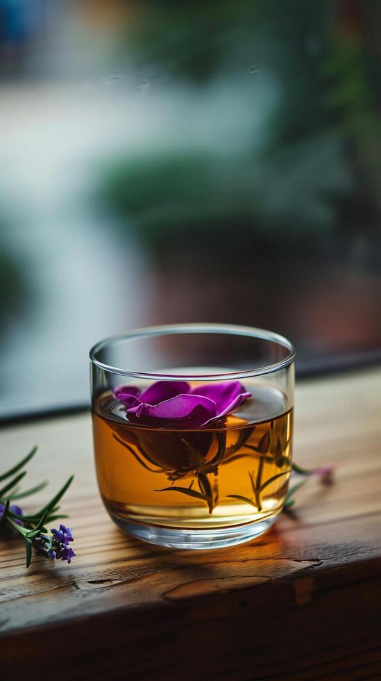 AI generated Elegant Glass of Tea with a Floating Purple Flower photo