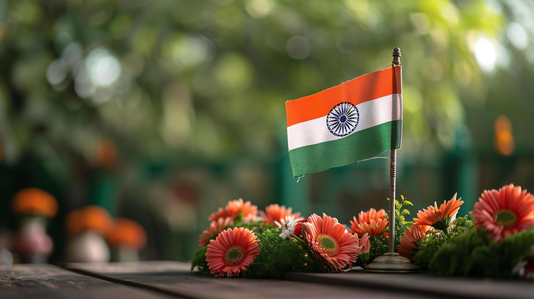 AI generated Indian Flag and Vibrant Gerberas on Wooden Table photo