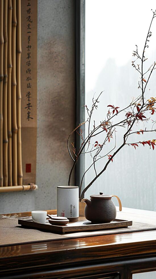 AI generated Zen Tea Ceremony Setup with Natural Light and Bamboo photo