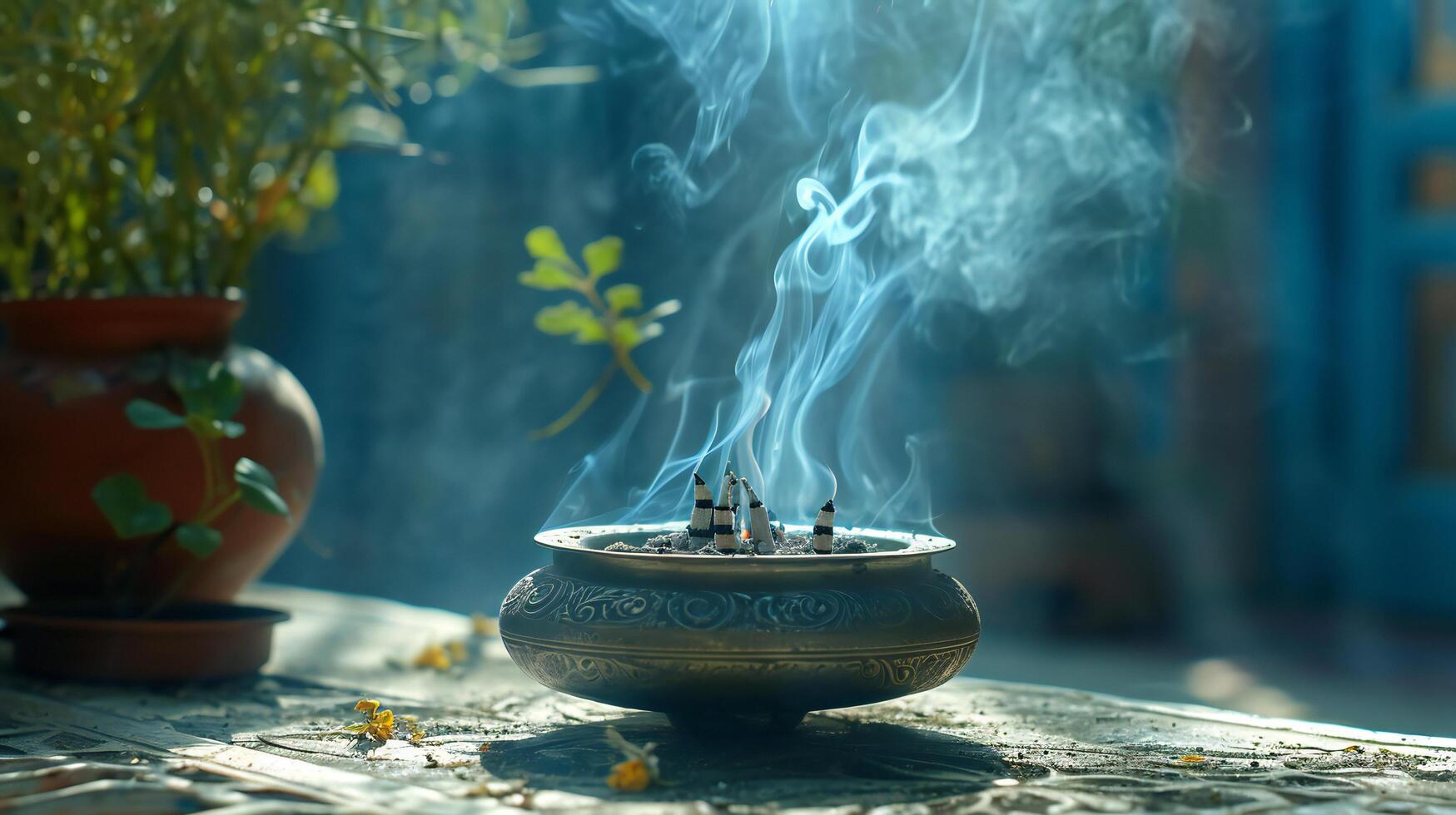 AI generated Blue Incense Burner Emitting Fragrant Smoke in Sunlight photo