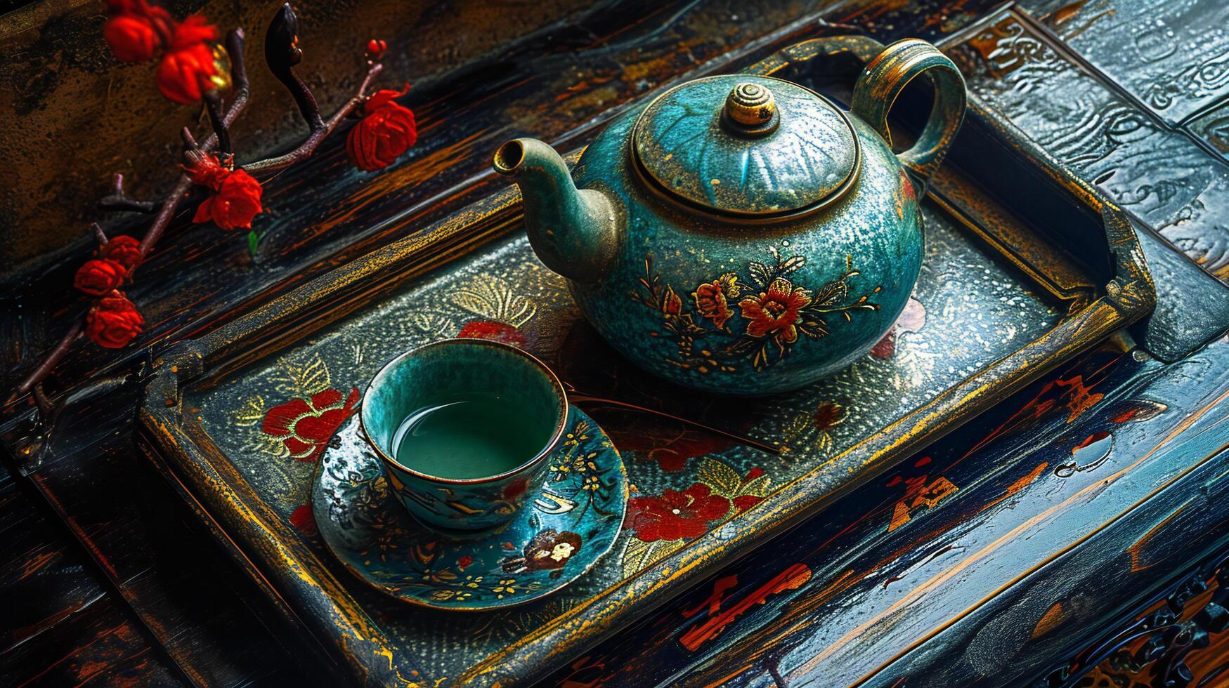 AI generated Vintage Teapot and Cup on Lacquered Wood Surface photo