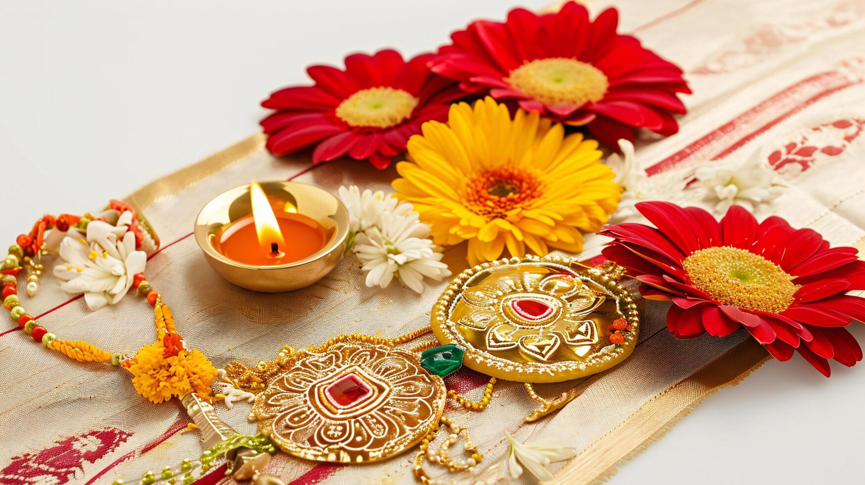 ai generado tradicional indio puja preparar con vistoso flores y diya foto