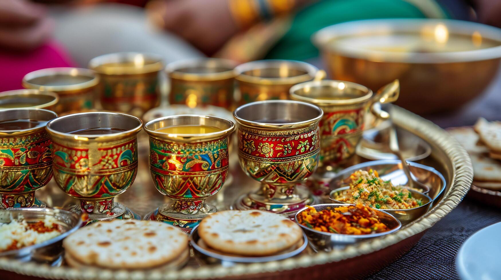 ai generado Exquisito tradicional oro té tazas en florido bandeja con indio manjares foto