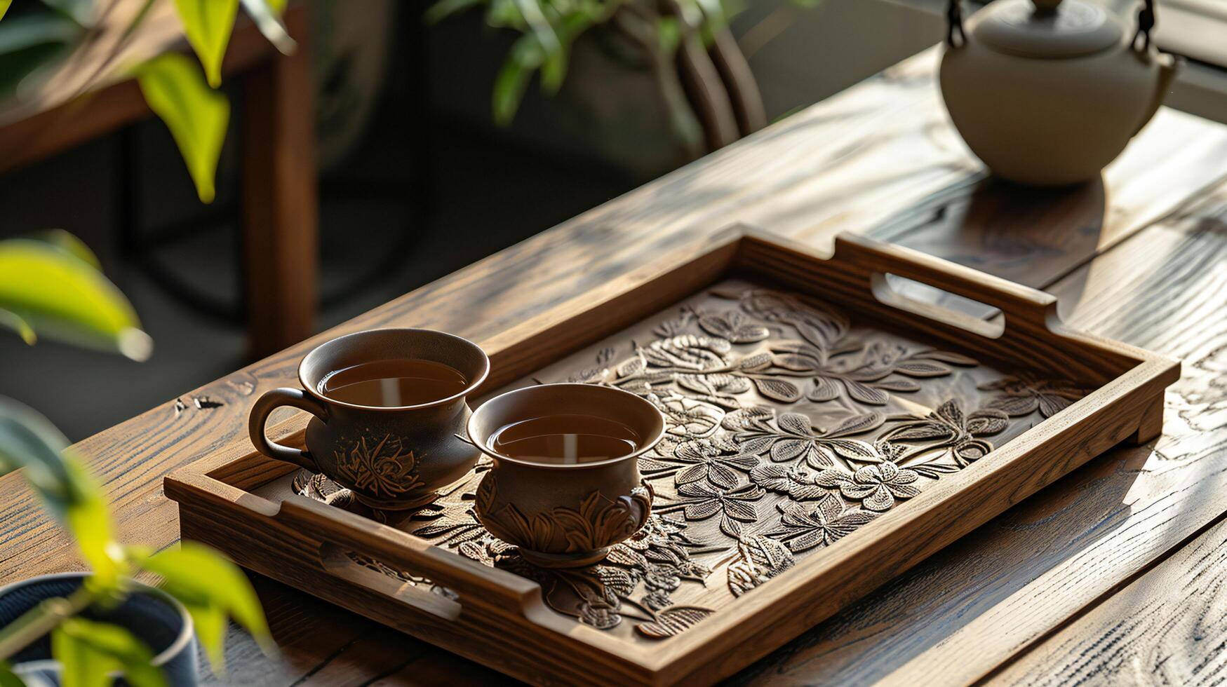 AI generated Traditional Teacups on Carved Tray in Sunlit Room photo
