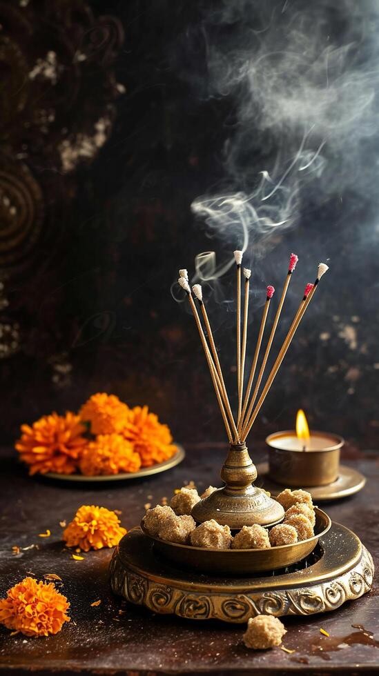 AI generated Traditional Incense Sticks and Holder with Candle Light photo