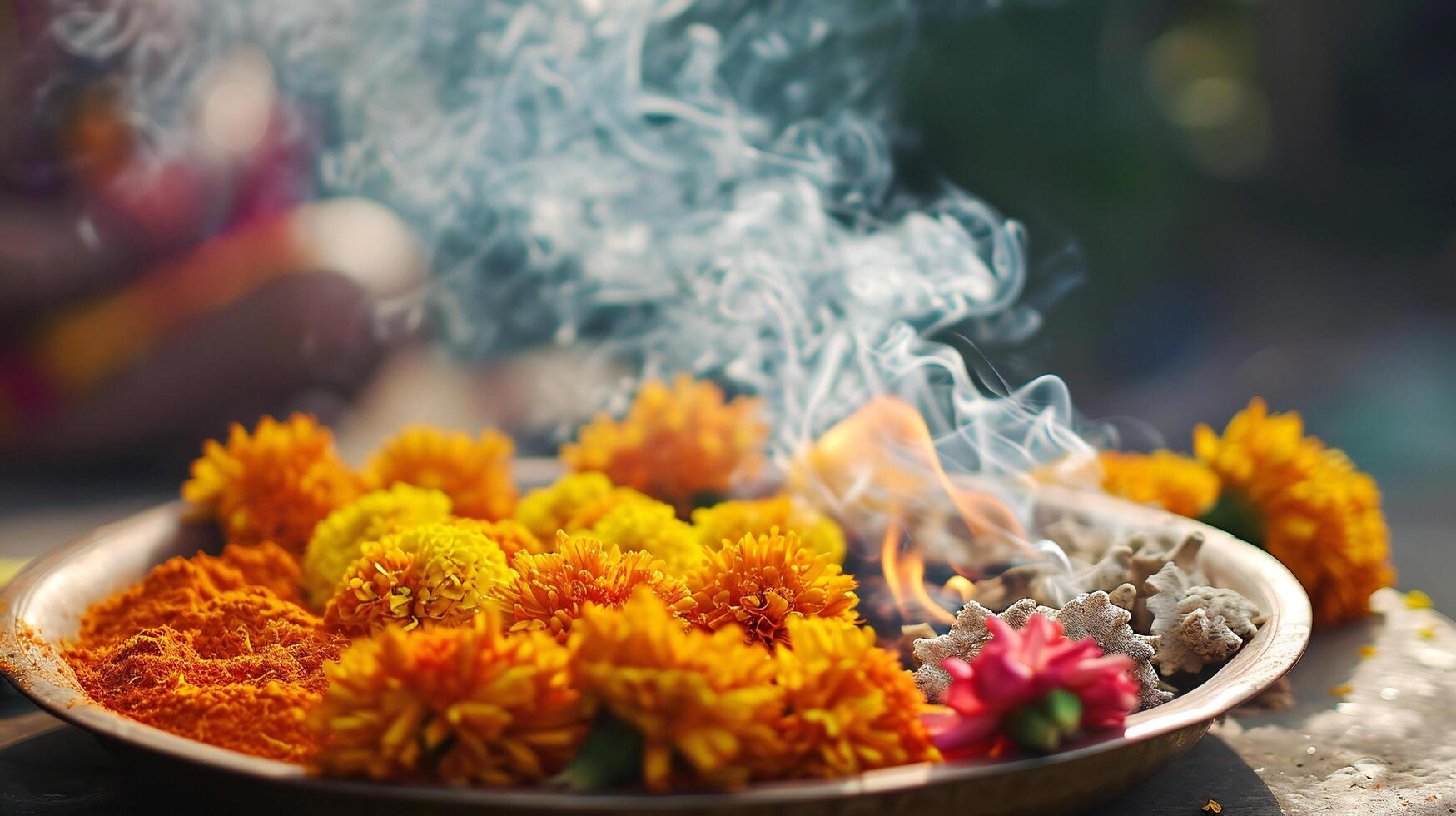 ai generado ahumado incienso y caléndulas en un sagrado indio ritual foto