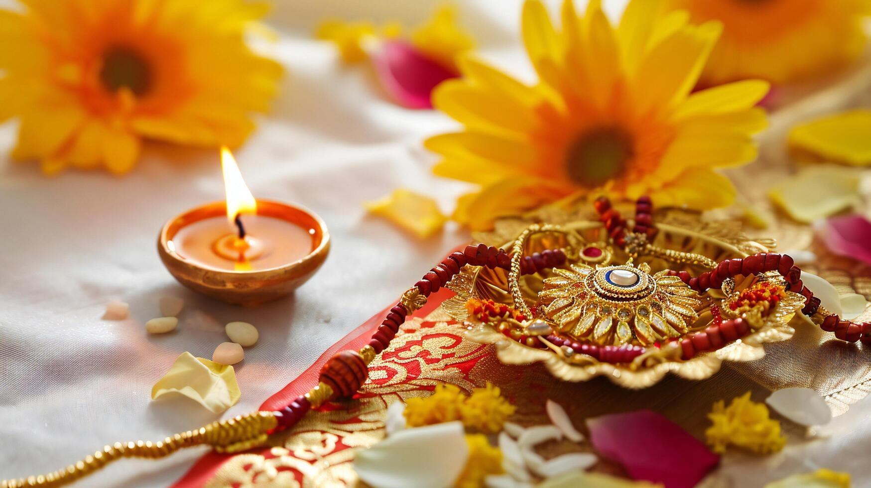 AI generated Festive Diwali Diya and Traditional Indian Jewelry on Fabric photo