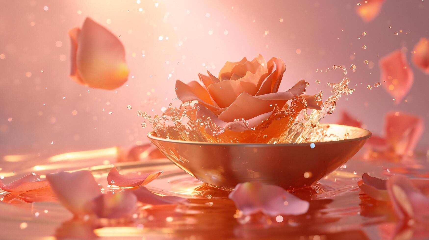 AI generated Peach Rose Splashing Elegantly in Golden Water Bowl photo