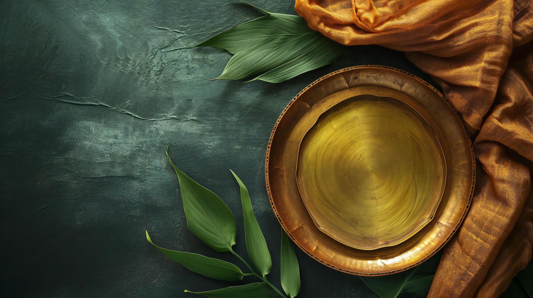 AI generated Golden Brass Plate with Silk and Fresh Green Leaves photo
