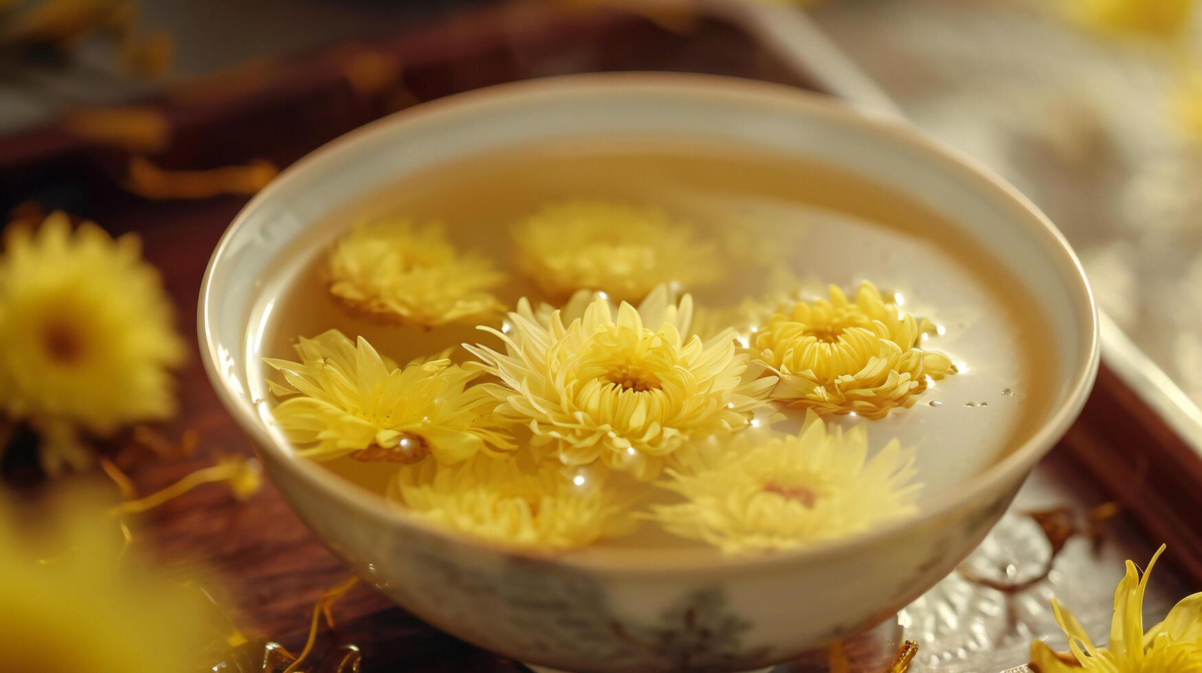 AI generated Golden Chrysanthemums Blooming in a Traditional Ceramic Bowl photo