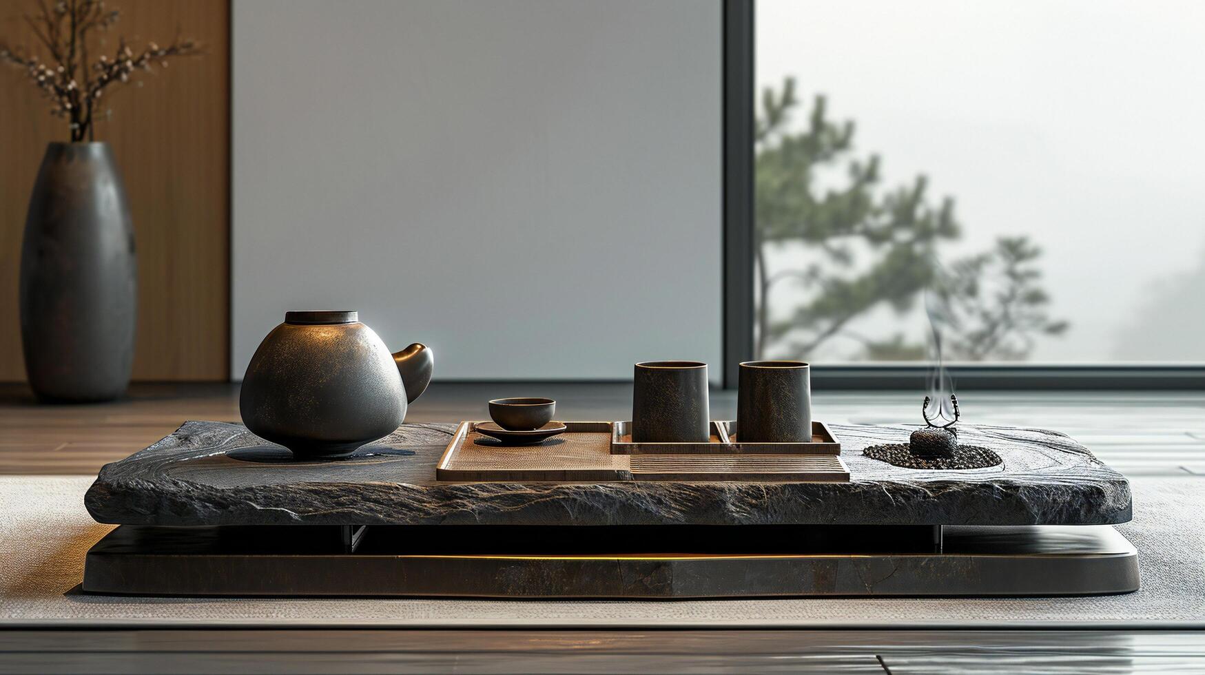 AI generated Minimalistic Tea Set on a Zen Stone Table photo